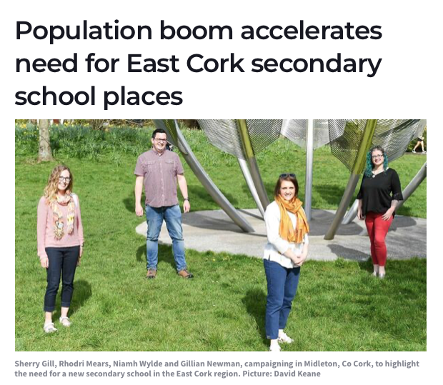 Sherry Gill, Rhodri Mears, Niamh Wylde and Gillian Newman, campaigning in Midleton, Co Cork, to highlight the need for a new secondary school in the East Cork region. Picture: David Keane